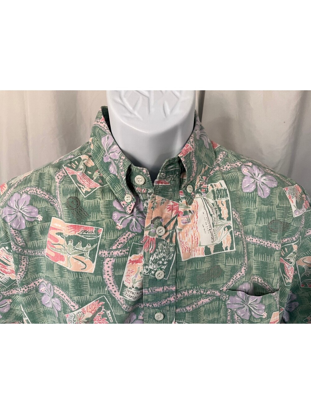 Reyn Spooner Men's Green Pink Lavender Reverse Print Hawaiian Polo Shirt Large L